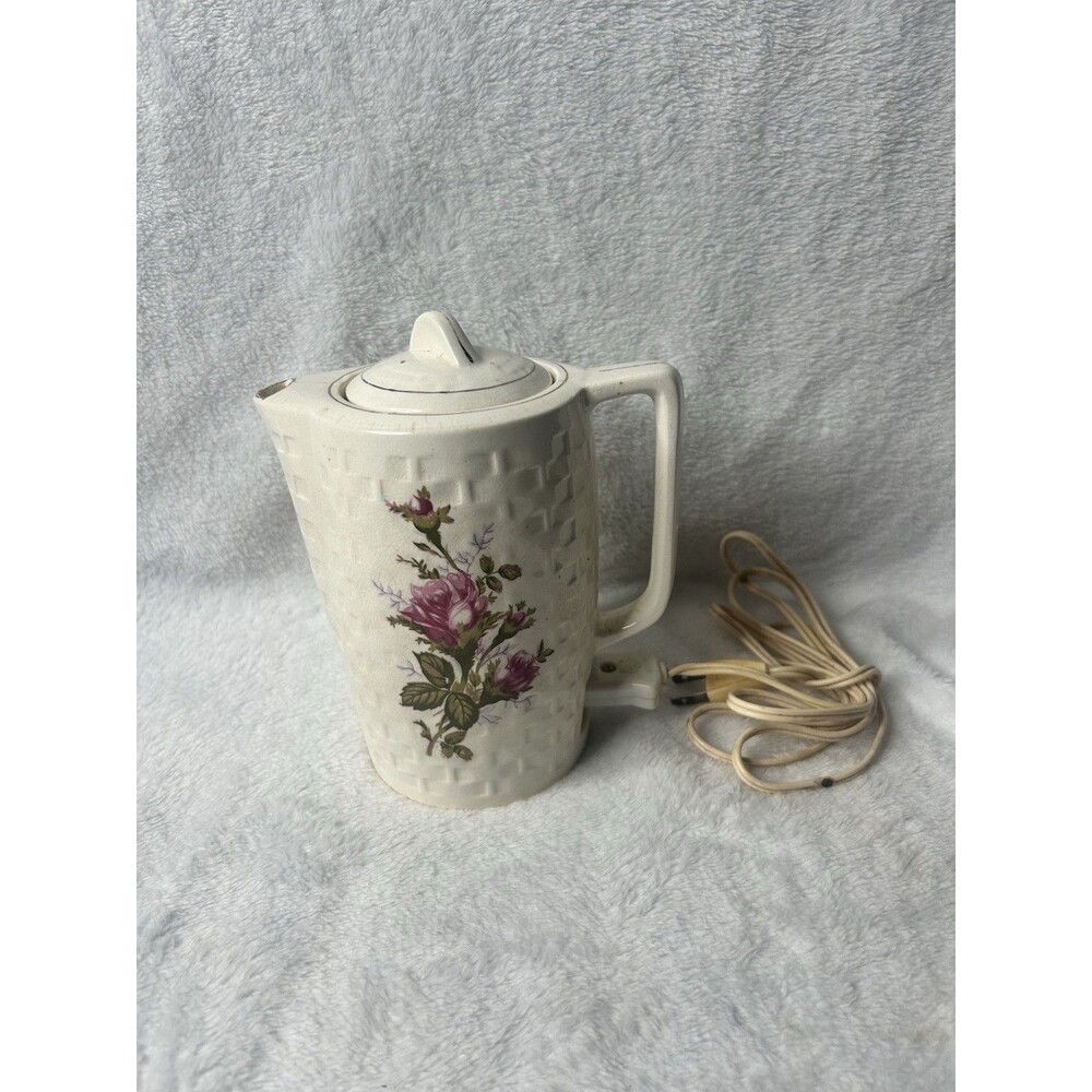 Vintage Tea Kettle Hot Pot Electric White Ceramic Porcelain 6" Rose Design Japan
